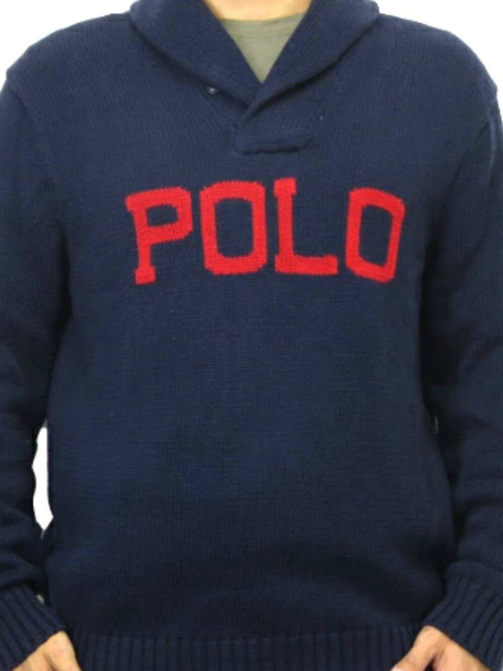 Polo Ralph Lauren Spell Out Cotton Shawl Collar Navy Red Sweater